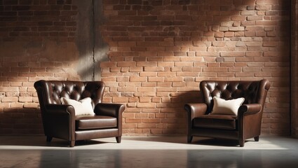 Poster - Loft interior design idea featuring two leather sofas and pillows in the background with vertical copy space.