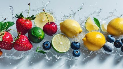 Poster - Variety of fruits with slices and juice splashes in vibrant rainbow hues, healthy eating and beverage idea; set against a plain backdrop
