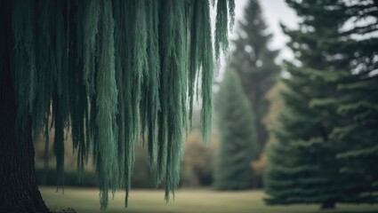 Poster - Hanging branches of the majestic weeping blue atlas cedar set against evergreen trees.