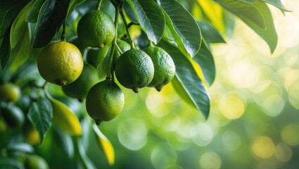 Poster - Lime trees in the garden provide a great source of vitamin C. Organic green lime citrus fruits hanging on the tree.
