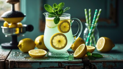 Aufkleber - Pitcher of lemonade with lemon, mint, and ice