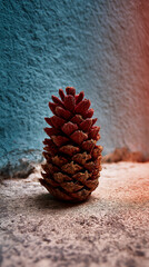 Poster - Close-up of reddish-brown pine cone, textured surface, against teal wall background, conveying natural, rustic simplicity, ideal for autumnal or nature themes