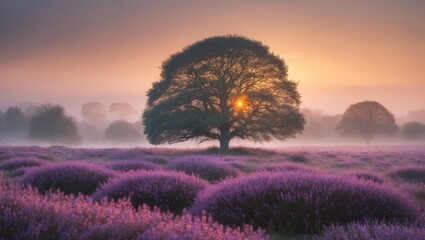 Poster - Sunlight in golden hues envelops the wide heather fields, producing a serene and enchanting environment.