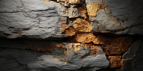 Poster - Grey and gold textured stone wall, rough surface, cracked pattern, showcasing a rugged and luxurious look, ideal for background or banner