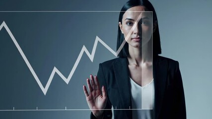 Fototapete - Professional businesswoman presenting financial growth charts on transparent screen, displaying positive business trends and investment strategies in corporate environment