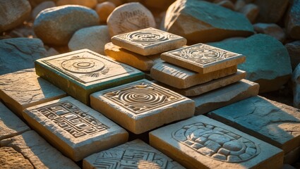 Poster - Carved stone piles reveal detailed artistry and textures.