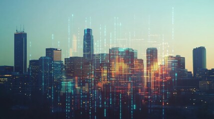 Poster - Modern city skyline with digital polling chart overlay reflecting political data analysis at sunset