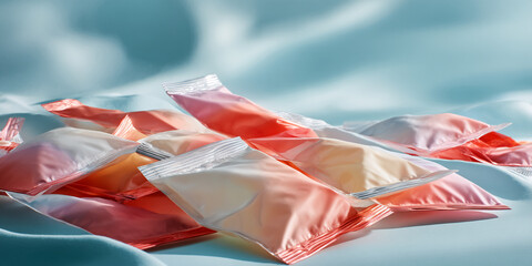 Poster - Close-up of several translucent pink and white pouches on a light-blue background, showcasing product packaging design, ideal for branding or advertising mockups