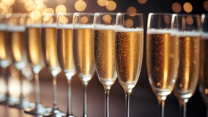 Poster - A line of glasses filled with champagne prepared for serving