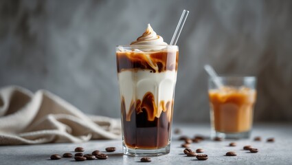 Poster - A glass of iced caramel macchiato coffee with a straw on the table.