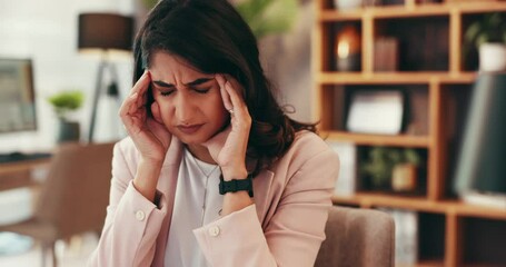 Poster - Business, woman and stress with headache in home office for project deadline, workload pressure or tension. Remote work, person or migraine with pain, burnout and overworked with brain fog or fatigue