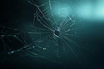Aufkleber - Close-up of a spiderweb, delicate threads against a dark teal background, showcasing intricate natural structure, symbolizing fragility, patience, and the cycle of life. Free space