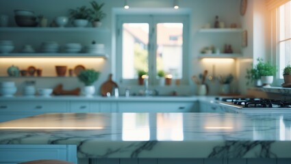 Leinwandbilder - A countertop in the kitchen that provides a view of the sink and stove, bordered in white.