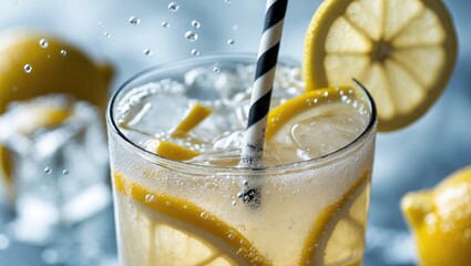 Poster - Macro shot of lemon pieces in refreshing lemonade and ice cubes behind.