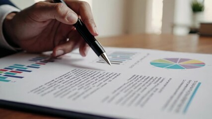 Fototapete - Businessman in suit reviews financial documents with charts and graphs, pointing with a pen at specific data points on a wooden desk in a bright office setting