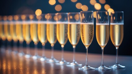 Poster - Champagne-filled glasses arranged in a row for serving
