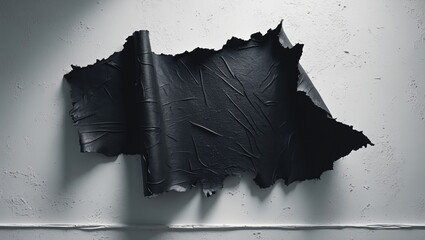 Poster - A piece of ripped black paper on a white wall.