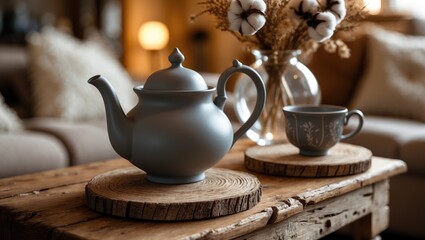 Poster - In a living room, a teapot and an elegant ceramic cup with decorative details reflect the essence of modern style and home comfort.