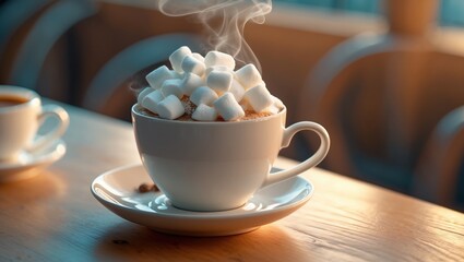 Aufkleber - Close-up view of a cup of hot chocolate topped with marshmallows on a table.