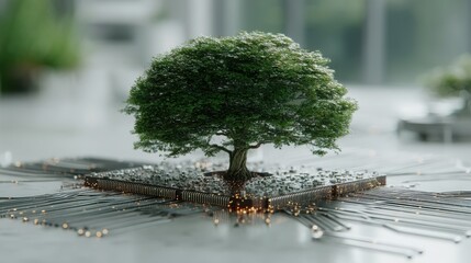 Poster - Artistic representation of a tree on a table symbolizing growth and sustainability in a modern workspace environment