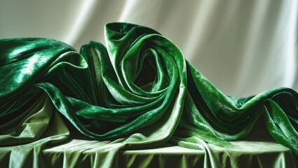 Aufkleber - A wrinkled green fabric is folded on a covered table.