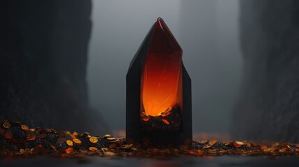 Poster - Candle with a burning flame inside representing warmth and light in an abstract setting surrounded by glowing coins