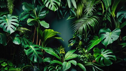 Aufkleber - Horizontal backdrop of green leaves in a tropical jungle, including ferns and palms against a dark green wall, embodying a floral forest plant pattern