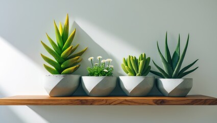 Poster - Minimalist concrete pots with green cactus, white flowers, and succulents in geometric planters on a wooden shelf against a blank background.