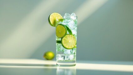Poster - A long glass of drink with cucumber, ice cubes, and lime