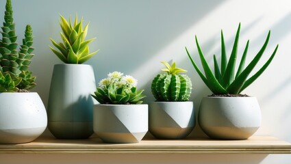Poster - Geometric planters with concrete pots featuring green cactus, white flowers, and succulent plants on a wooden shelf with ample copy space.