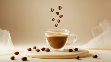 Aufkleber - A cup of cappuccino topped with aromatic foam and cascading hazelnuts and roasted coffee beans.