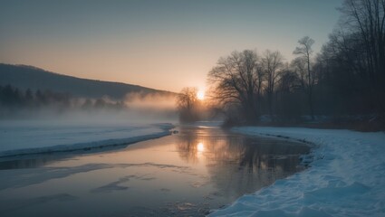 Poster - A winter sunset over a lake surrounded by trees