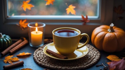 Poster - A warm atmospheric photo of a candle and a cup of tea on the window
