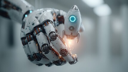 Poster - Futuristic robot with glowing eye symbolizing advanced technology and artificial intelligence in modern innovation