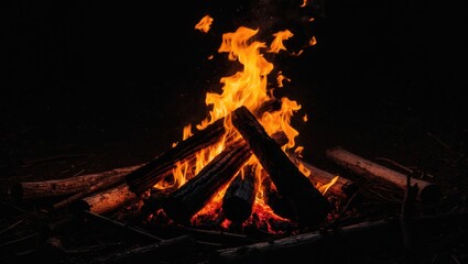 Poster - A colorful bonfire flickers in the evening, providing a cozy radiance against the night sky.