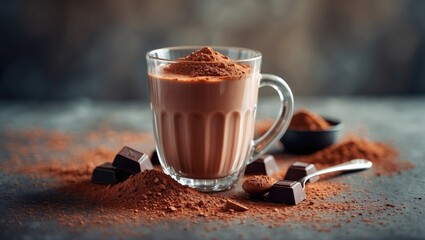 Poster - A delightful natural cocoa drink with grated chocolate and milk served in a glass mug is rich in vitamins and energy.