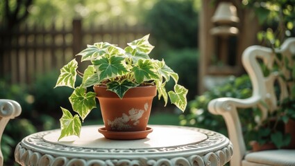 Poster - A tiny rustic terra cotta container of variegated Ivy placed on the garden furniture