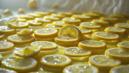 Poster - Slices of fresh, juicy yellow lemons. Texture backdrop, design.