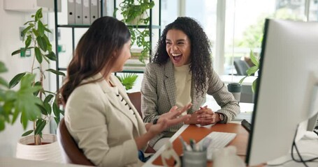 Poster - Fist bump, business women and celebration for success in office, goal and milestone on computer. Excited workers, hand gesture and achievement with secret handshake for promotion, winning or teamwork