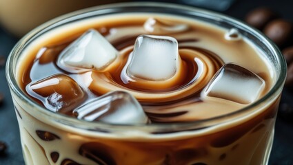 Poster - A close-up shot of a glass filled with ice milk tea.