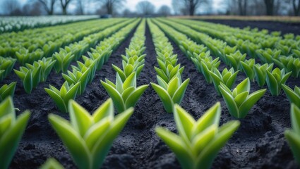 Poster - Tulips emerging from frosty soil. New life, rising from flower beds. Springtime in the garden, nature's revival. Bulbous flowers thriving in the yard. Initial green vegetation.