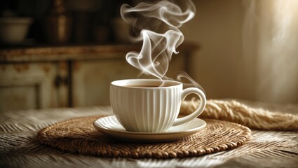 Poster - A hot beverage in a steaming cup under the sunlight on the table.