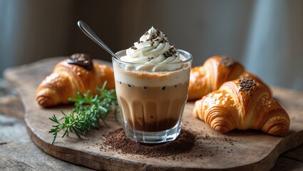 Poster - A chilled coffee with cream and a chocolate croissant. Delightful breakfast in bed.
