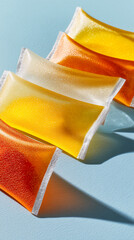Aufkleber - Close-up of translucent orange-yellow liquid pouches arranged on light blue. Product packaging.