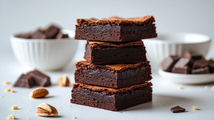 Poster - Chocolate brownies stacked against a white background, homemade sweet. Confectionery idea