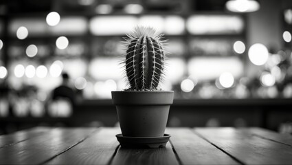 Aufkleber - A potted cactus with a blurred background, styled image. Cactus displayed in a store. Monochrome photograph