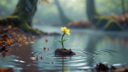 Poster - In the shallow water, a tiny yellow flower opens up after a rain shower, with a soft background