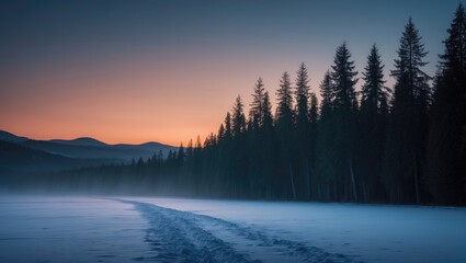 Poster - A tranquil sunset illuminating thick evergreen trees.