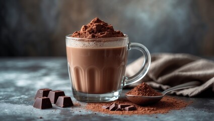 Poster - A tasty, natural cocoa beverage featuring grated chocolate and milk in a glass mug provides vitamins and energy.
