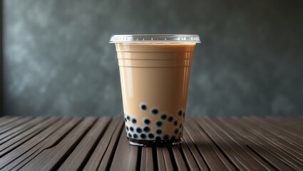 Poster - Takeaway bubble milk tea in a glass with a hazy background